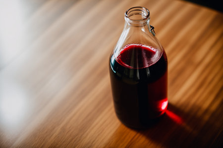 Red wine in a bottle on a wooden table. Selective focus.の素材