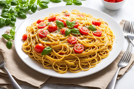 Tasty appetizing classic Italian pasta with tomatoes and basil on a light background.の素材