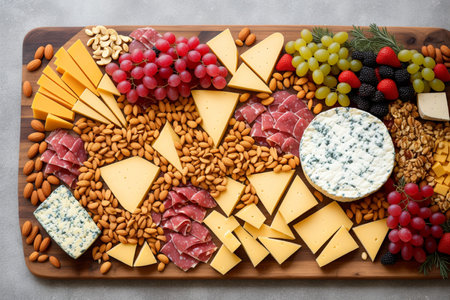 Cheese platter with different types of cheese, grapes and nuts, top viewの素材