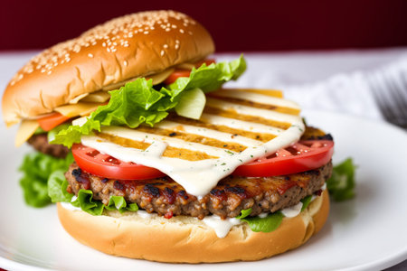 Cheese burger - American cheese burger with fresh vegetables on white plateの素材