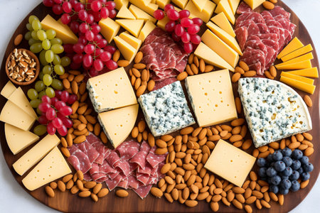 Cheese platter with different types of cheese, ham, grapes and nuts.の素材