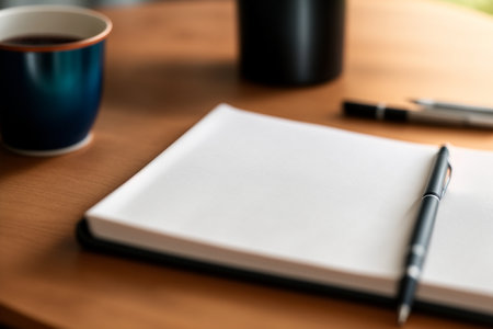 Blank notepad with pen and cup of coffee on wooden tableの素材