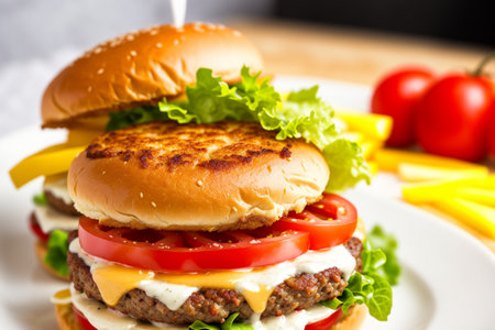 Cheese burger - American cheese burger with fresh salad on white plateの素材