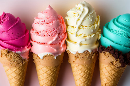 Colorful ice cream in waffle cones on a white background.の素材
