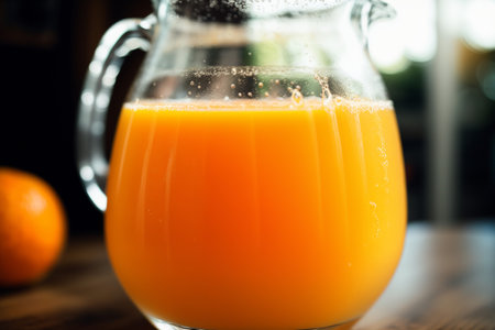 Fresh orange juice in a glass jug on a wooden table in the kitchenの素材