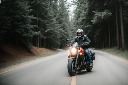 Motorcyclist riding a motorcycle on the road in the forest.の素材