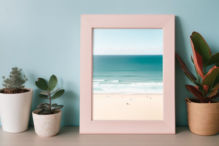 Photo frame mockup with sea view on turquoise wall.の素材