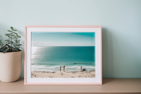 Picture frame mockup with seascape on wooden table in roomの素材