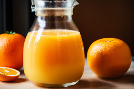 Fresh orange juice in a glass jug and oranges on a wooden tableの素材