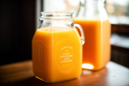 Freshly squeezed orange juice in a glass jar on a wooden tableの素材