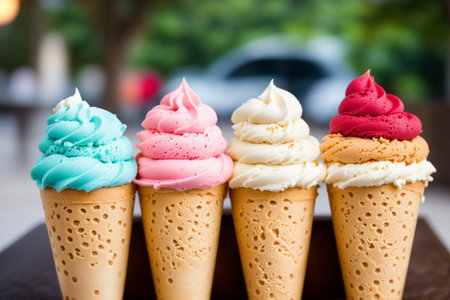 Colorful ice cream in waffle cones on the table, closeupの素材