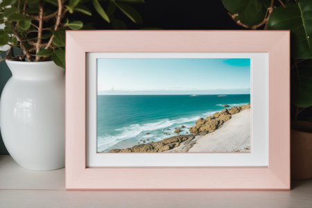 Photo frame with seascape view on wooden table, stock photoの素材