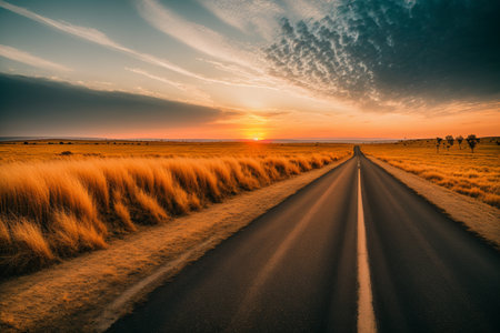 Sunset over a road in the prairie of South Dakota.の素材