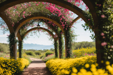 Beautiful spring landscape with blooming flowers in a park. Beautiful natural background.の素材