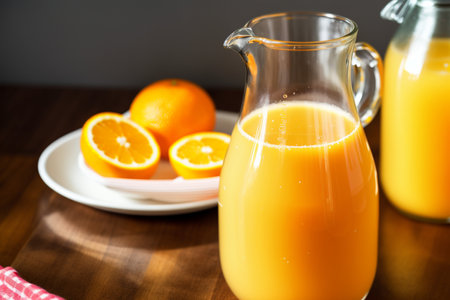 Glass jug of fresh orange juice on a wooden table, selective focusの素材
