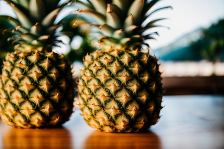 Pineapple on wooden table, Thailand. Selective focus.の素材
