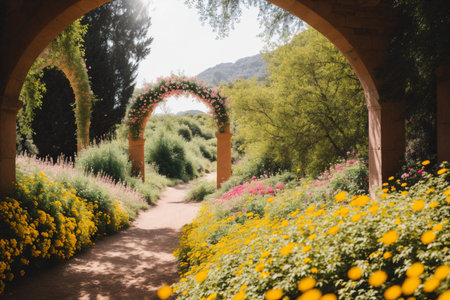 garden archway with flowers in the park, beautiful photo digital pictureの素材