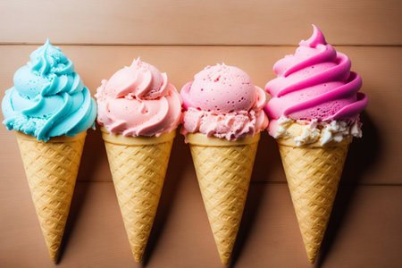 Ice cream cones on wooden background. Colorful ice cream in waffle cones.の素材
