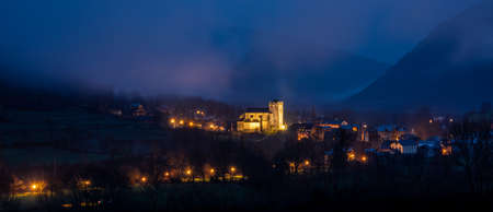 Panoramic view of dusk in the mountain town of Brotoの写真素材