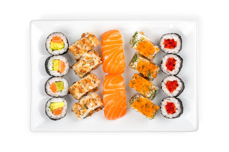 Top view of plate with assorted sushi assortmentの写真素材