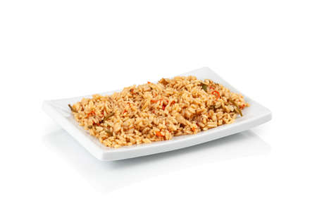 Portion plate of fried rice on white background. Asian foodの写真素材