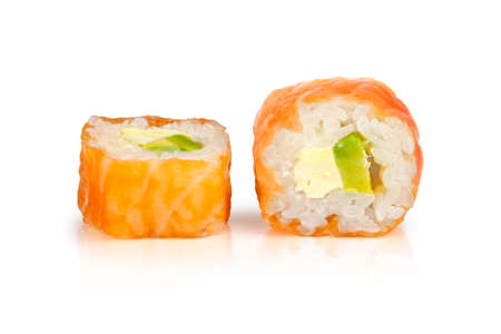 Detail of salmon and avocado sushi with a white backgroundの写真素材