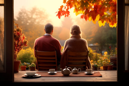 Couple sitting with their backs to each other contemplating the autumn gardenの素材