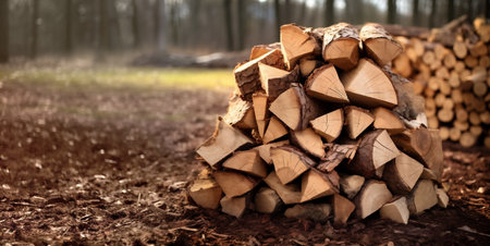 Pile of cut firewood logs in the forest ready to collect, horizontal image with copyspace. Winter theme and ecological heatの素材