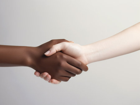 Interracial handshake, detail of black and white hands greeting each other, concept of support, friendship, agreementの素材