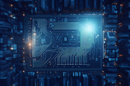 Integrated circuit board dark blue tones and bright details, neural networks concept, artificial intelligenceの素材