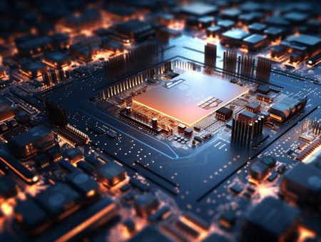 Close up of integrated circuit board with processor in the middle, perspective image with dark blue tonesの素材
