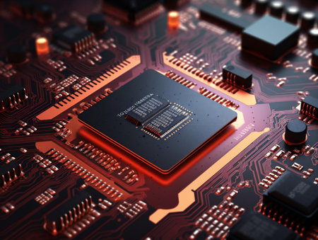 Electronic circuit board with microprocessor in the center, concept of artificial intelligence, computing, networks, cyberspaceの素材