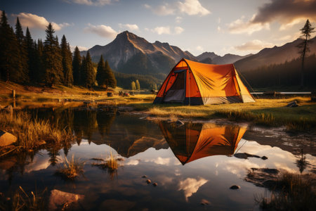 Tent by the lake with mountain scenery in the background and warm evening lightの素材