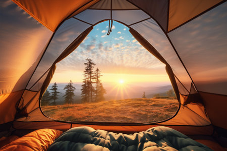 Bucolic view from inside a tent at sunrise on the top of a mountainの素材