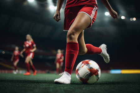 Detail of the soccer ball while it is driven by a player in a red uniform, in the background the rest of the team in the background during the competitionの素材