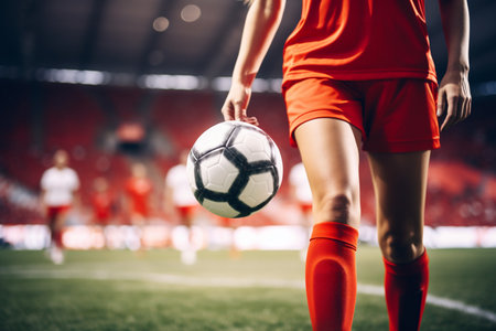 Close-up of a female soccer player in red uniform driving the ball in the stadium during trainingの素材