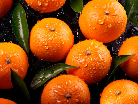 Fresh orange fruit with water drops piled up with green leaves, top view as mosaic backgroundの素材