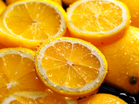Fresh yellow lemons or limes with water drops cut in half stacked as a colorful backdropの素材