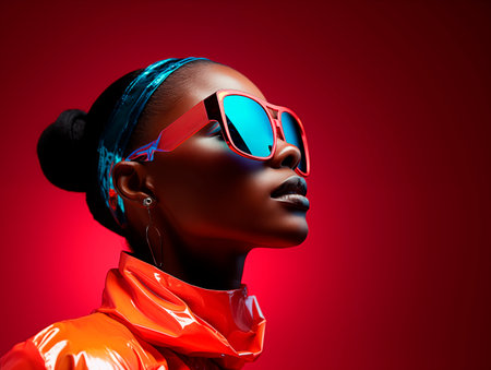 Portrait of attractive black model with empowered attitude and groundbreaking look on bright red backgroundの素材