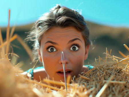 Surprised face of a person partially visible behind a haystack, finding a needleの素材