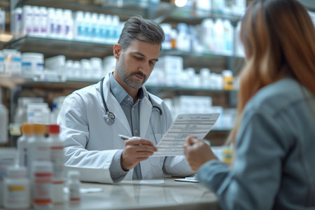 Professional pharmacist in white coat discussing a prescription with a patient in a pharmacyの素材