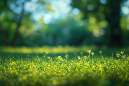 A serene spring meadow with vibrant green grass and wildflowers in the soft sunlightの素材