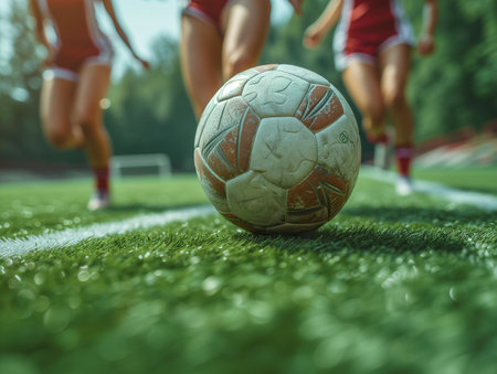 Close-up of a soccer ball on the field with players' legs in motionの素材