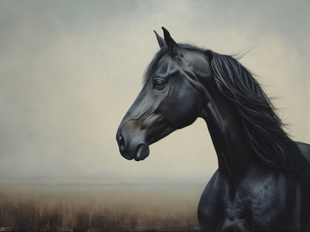 Pictorial portrait of a majestic black stallion horse on a soft misty landscape backgroundの素材