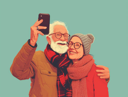 Cheerful senior couple with glasses taking selfie, wearing winter attireの素材