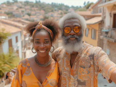 A radiant couple in matching vibrant outfits take a selfie on a sunny and picturesque streetの素材