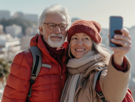 Elderly couple in warm winter clothes sharing a joyful selfie moment outdoorsの素材