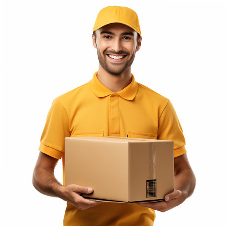 Cheerful delivery boy in yellow uniform holding a package, ready for quick deliveryの素材