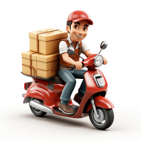 Illustration of a cheerful animated delivery character on a red scooter loaded with packages, ready for a quick deliveryの素材