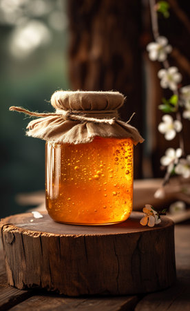A single jar of golden honey wrapped in burlap, set in front of a calm natural backdrop with soft lightingの素材